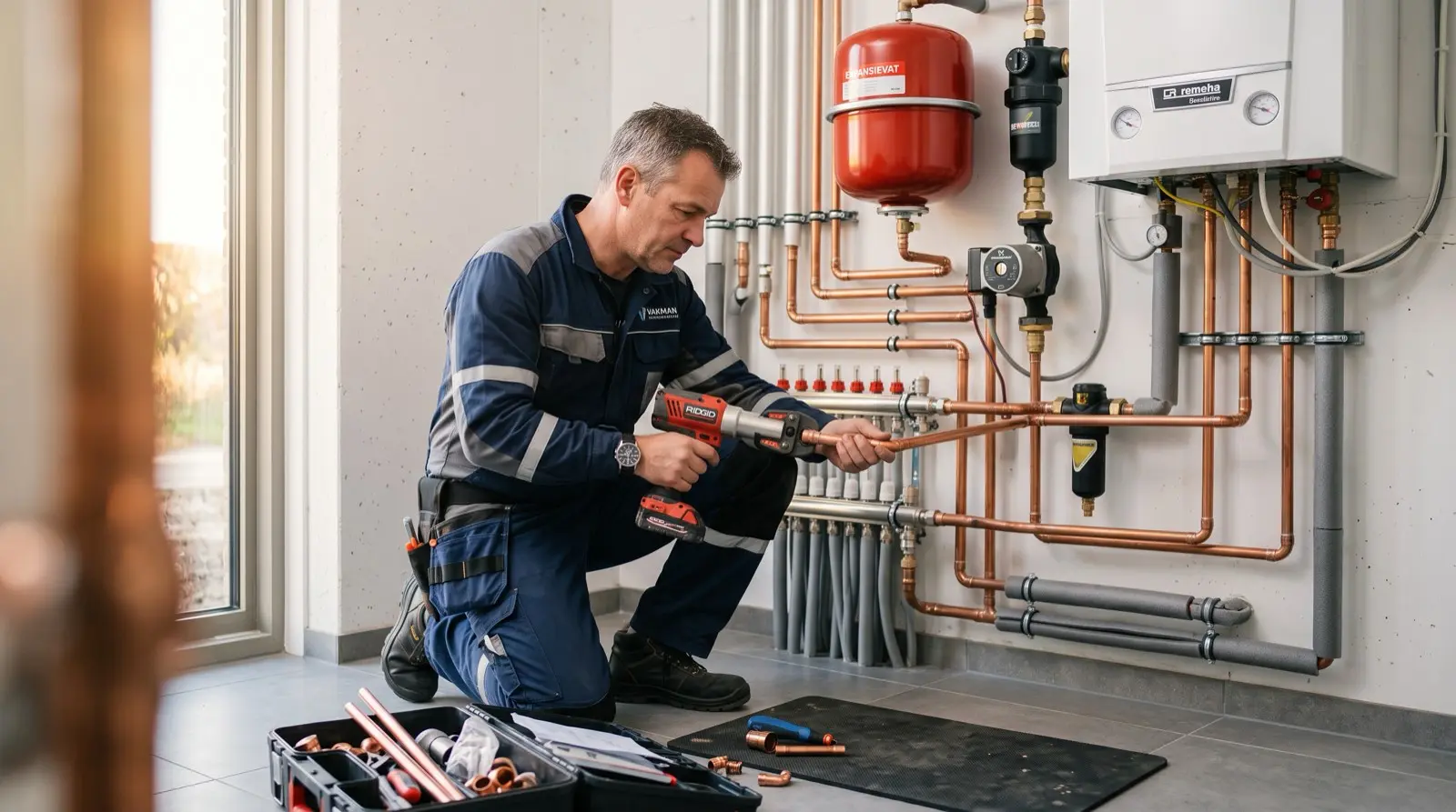 Loodgieter aan het werk op een CV-installatieproject in Noord-Brabant