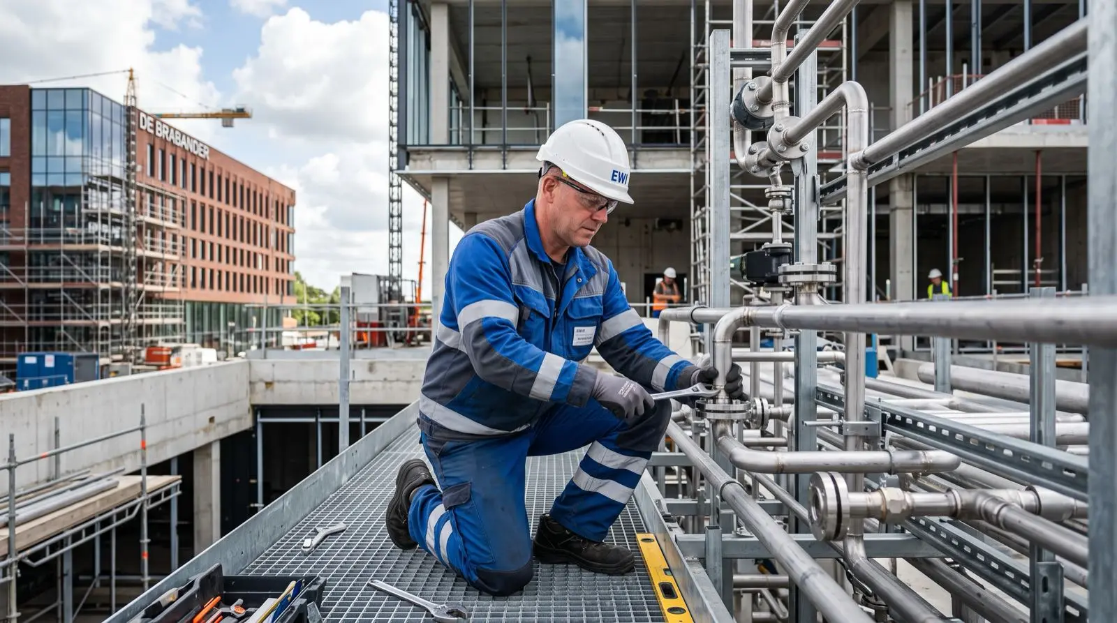 Monteur bezig met installatiewerk op een bouwproject in Noord-Brabant