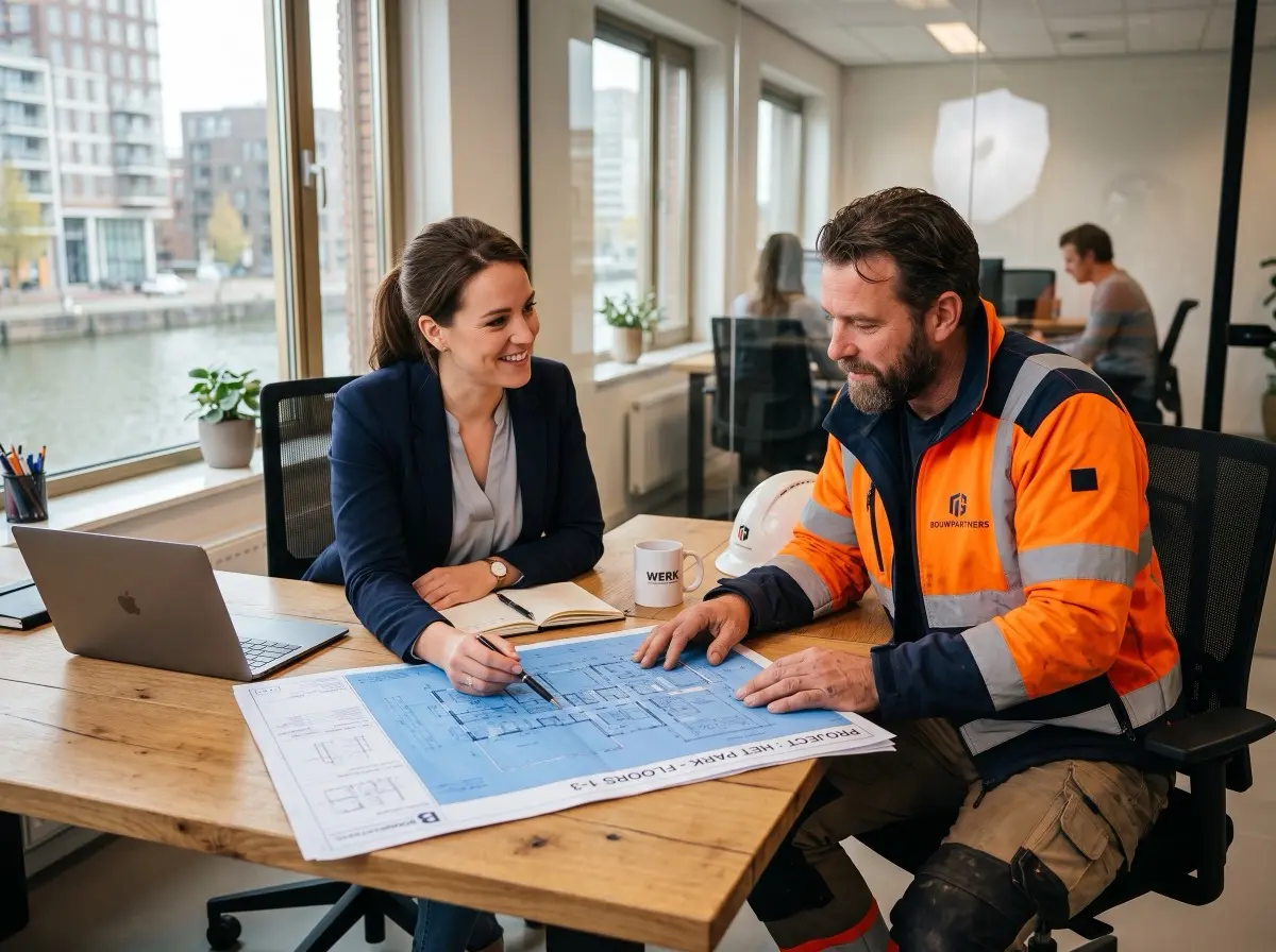 IP Bouw medewerker in gesprek met een bouwvakker in 's-Hertogenbosch