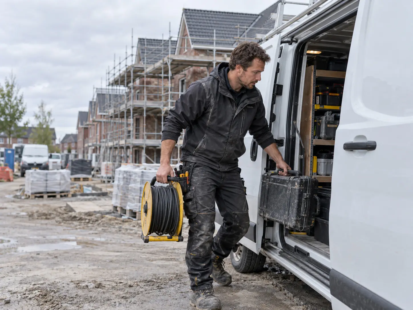 ZZP elektromonteur pakt gereedschap uit zijn bedrijfsbus bij een nieuwbouwproject